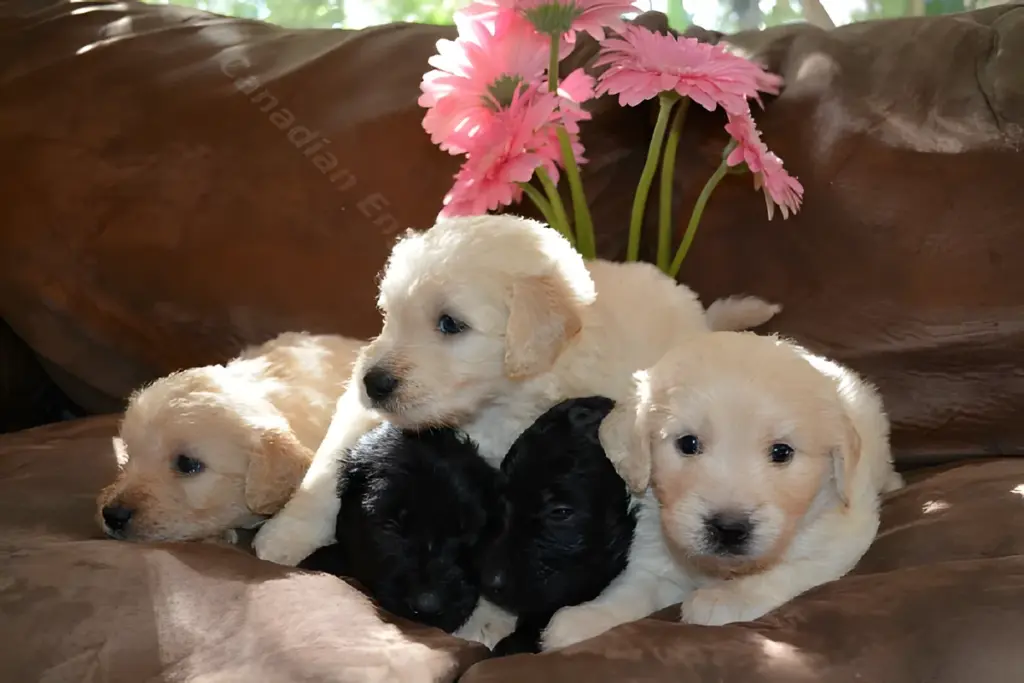 Cream and black five-week-old F1 Goldendoodle puppies with pink flowers
